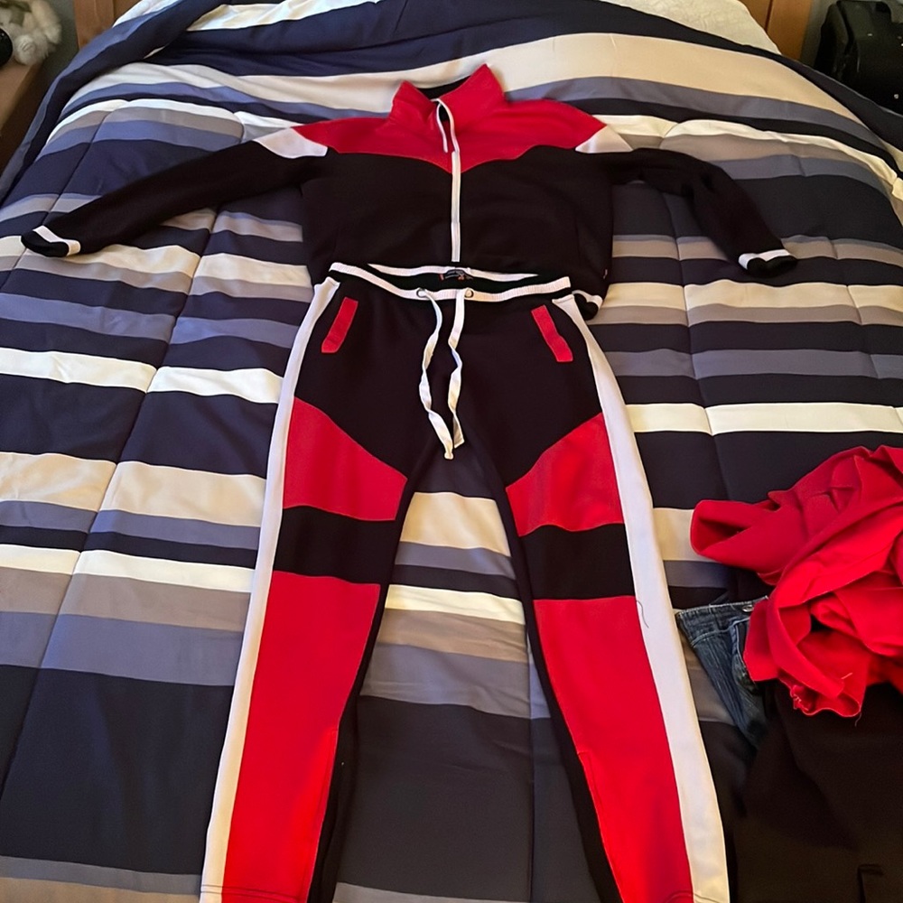 red, black , tracksuit
